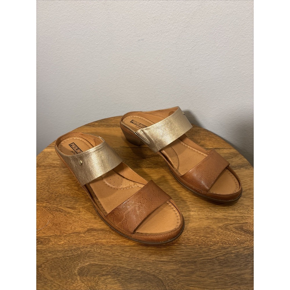 Pikolinos Huelva Leather Heeled Sandals Women's Size 42/11.5 Brown & Metallic